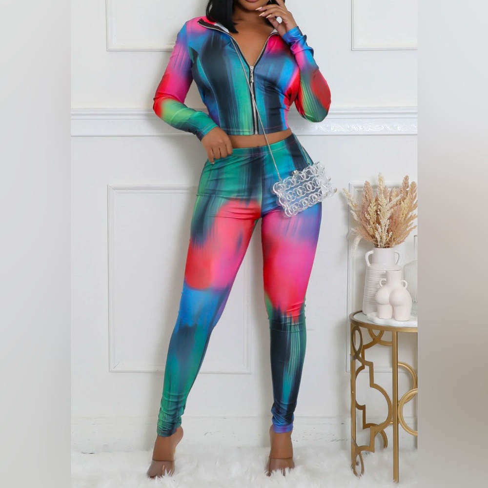 Vibrant Multi-Color Jacket and High-Waist Leggings Two Piece Set